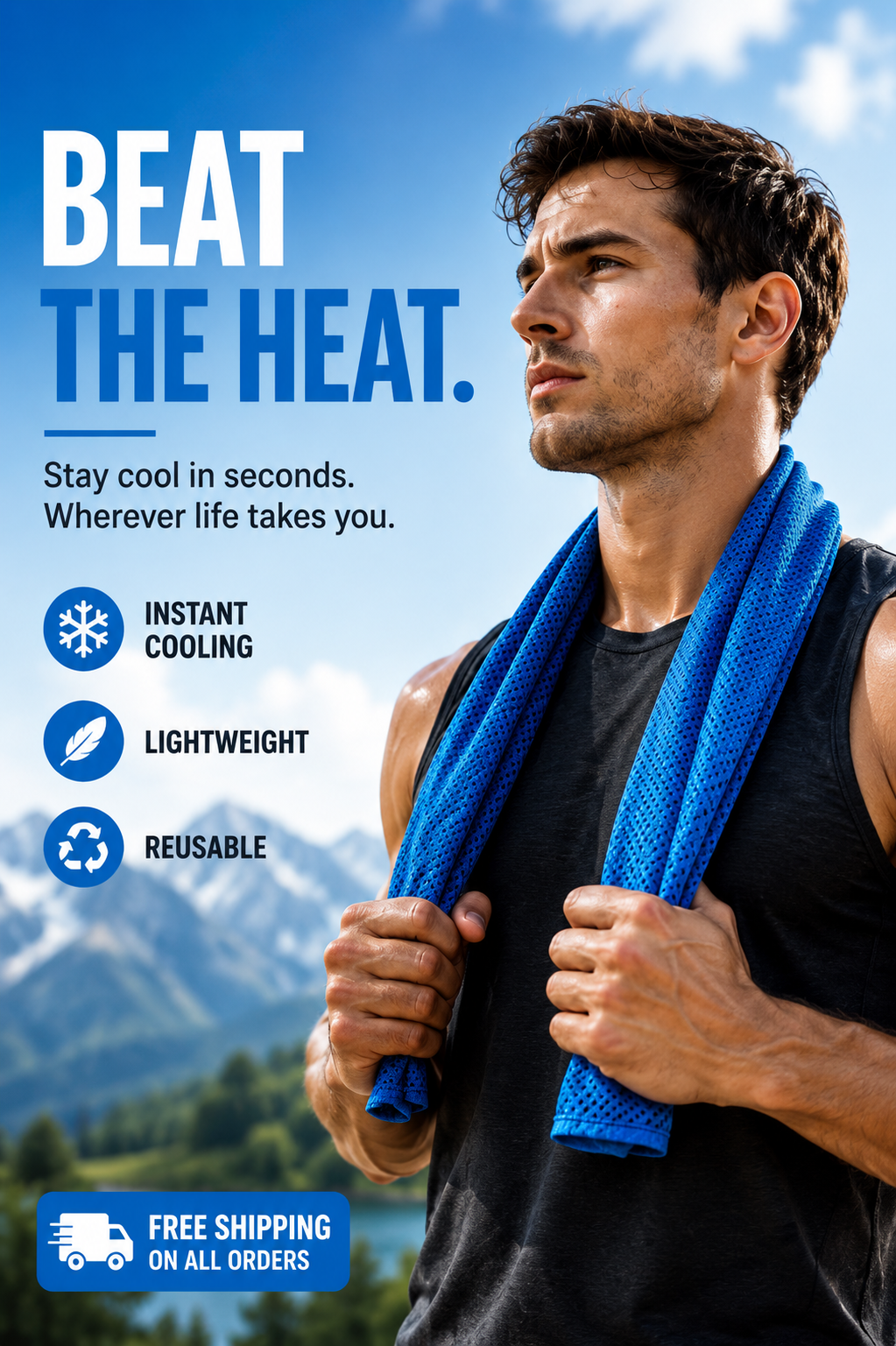 A man outdoors with a bright blue reusable towel draped over his shoulders, wearing a black sleeveless shirt. Large text reads 'BEAT THE HEAT.