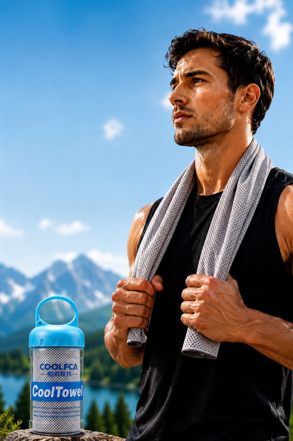 A man outdoors with mountains and blue sky in the background, wearing a black sleeveless shirt and holding a gray patterned cooling towel. A blue and white COOLFCA CoolTowel bottle is shown in the lower left foreground.
