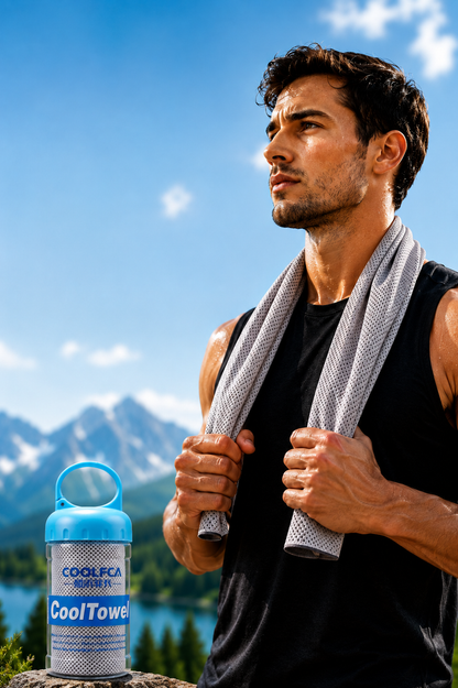 A man outdoors with mountains and blue sky in the background, wearing a black sleeveless shirt and holding a gray patterned cooling towel. A blue and white COOLFCA CoolTowel bottle is shown in the lower left foreground.