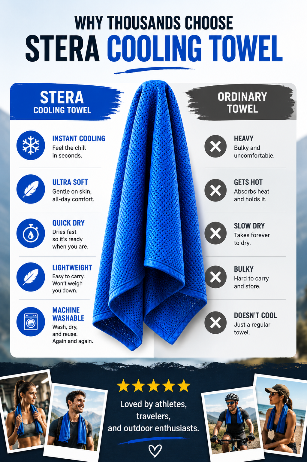 An infographic comparison graphic for the Stera Cooling Towel. The central subject is a bright blue textured cooling towel, flanked by a white comparison column listing its benefits (instant cooling, ultra soft, quick dry, lightweight, machine washable) against the drawbacks of ordinary towels.