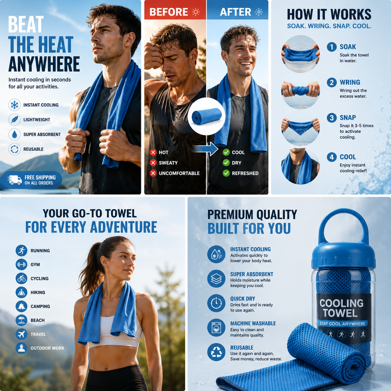 A promotional infographic for a blue cooling towel, showing before/after sweat cooling comparisons, step-by-step usage instructions, and a large product close-up on a light blue background.
