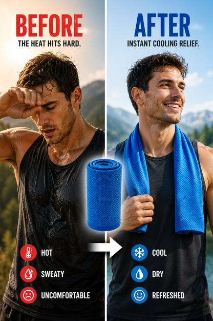 Before and after comparison graphic showing a man sweating on the left and refreshed with a blue cooling towel on the right, with text reading BEFORE/AFTER and icons for hot, sweaty, uncomfortable on the left and cool, dry, refreshed on the right. A blue rolled cooling pad is centered between the two scenes.