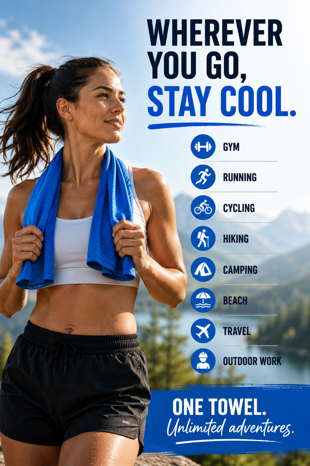 A woman outdoors wearing a white sports bra and black shorts, with a bright blue towel draped over her shoulders. Large text on the right reads 'WHEREVER YOU GO, STAY COOL.